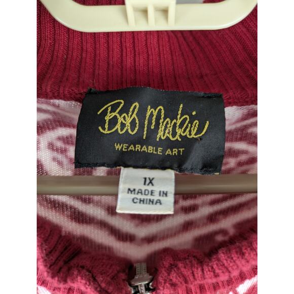 Bob Mackie Wearable Art Zip Front Cardigan Sweater Burgundy Pattern - Picture 3 of 6